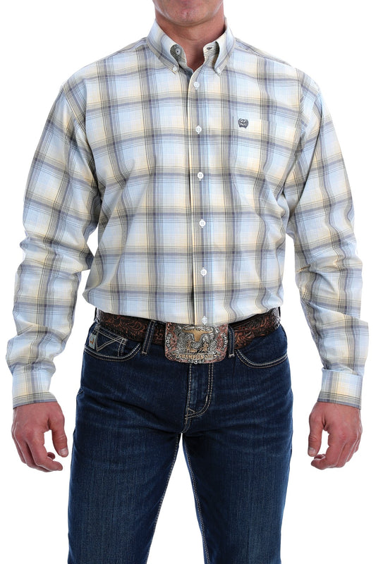 Cinch Mens Light Blue, Gold and Grey Ombre Plaid L/S Shirt