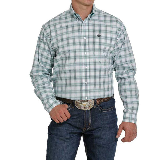 Cinch Mens White and Mint Plaid L/S Shirt - MTW1105264 - On Sale
