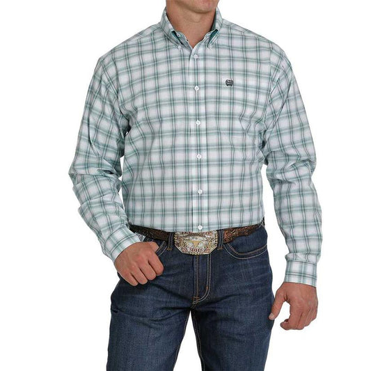 Cinch Mens White and Mint Plaid L/S Shirt - On Sale