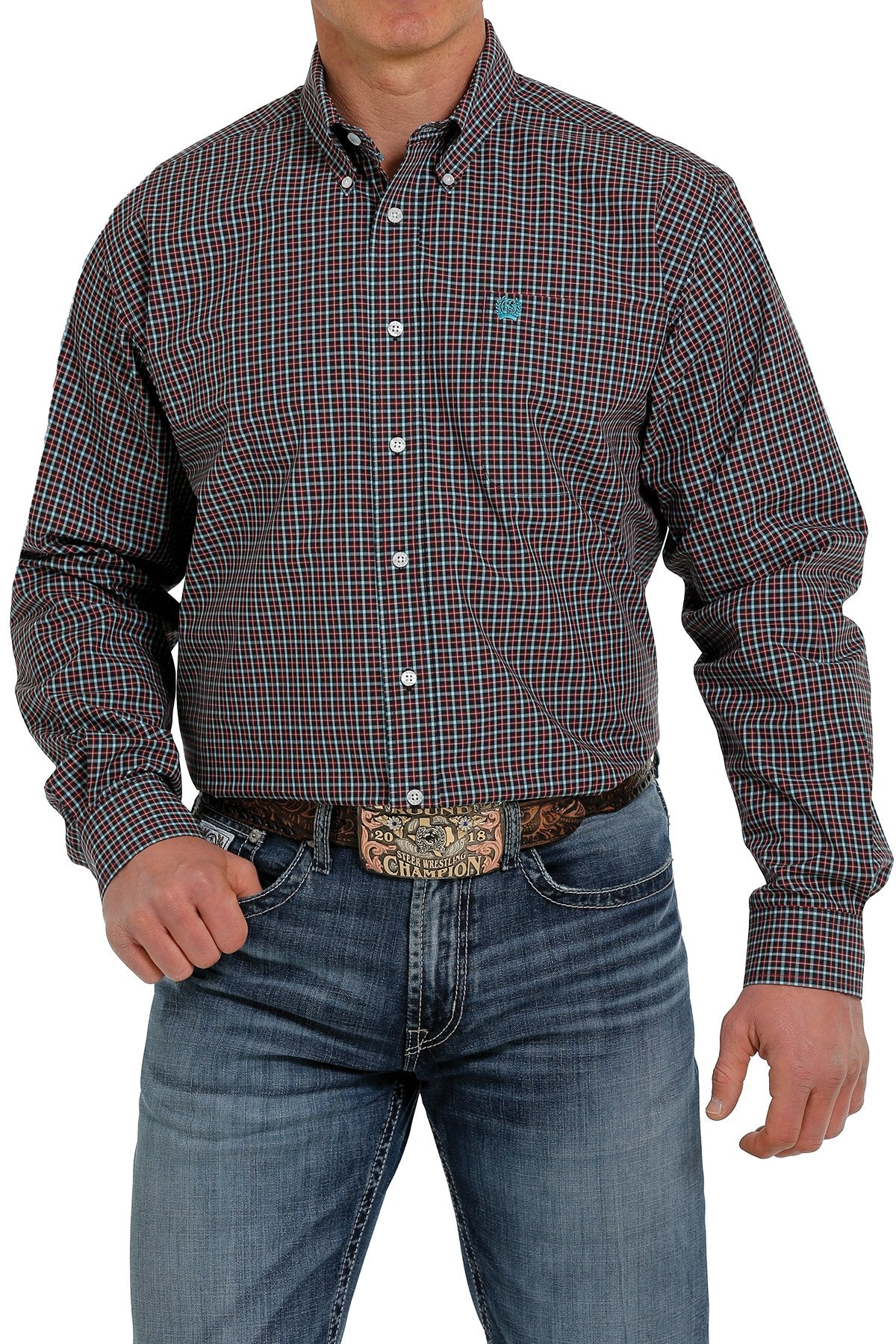 Cinch Mens Navy/ Turquoise/ Cranberry Plaid Cotton L/S Shirt - MTW1105360