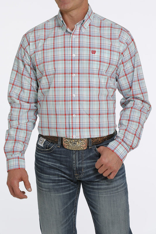 Cinch Mens Plaid Button Down Western Shirt - Aqua/Red/White - MTW1105432