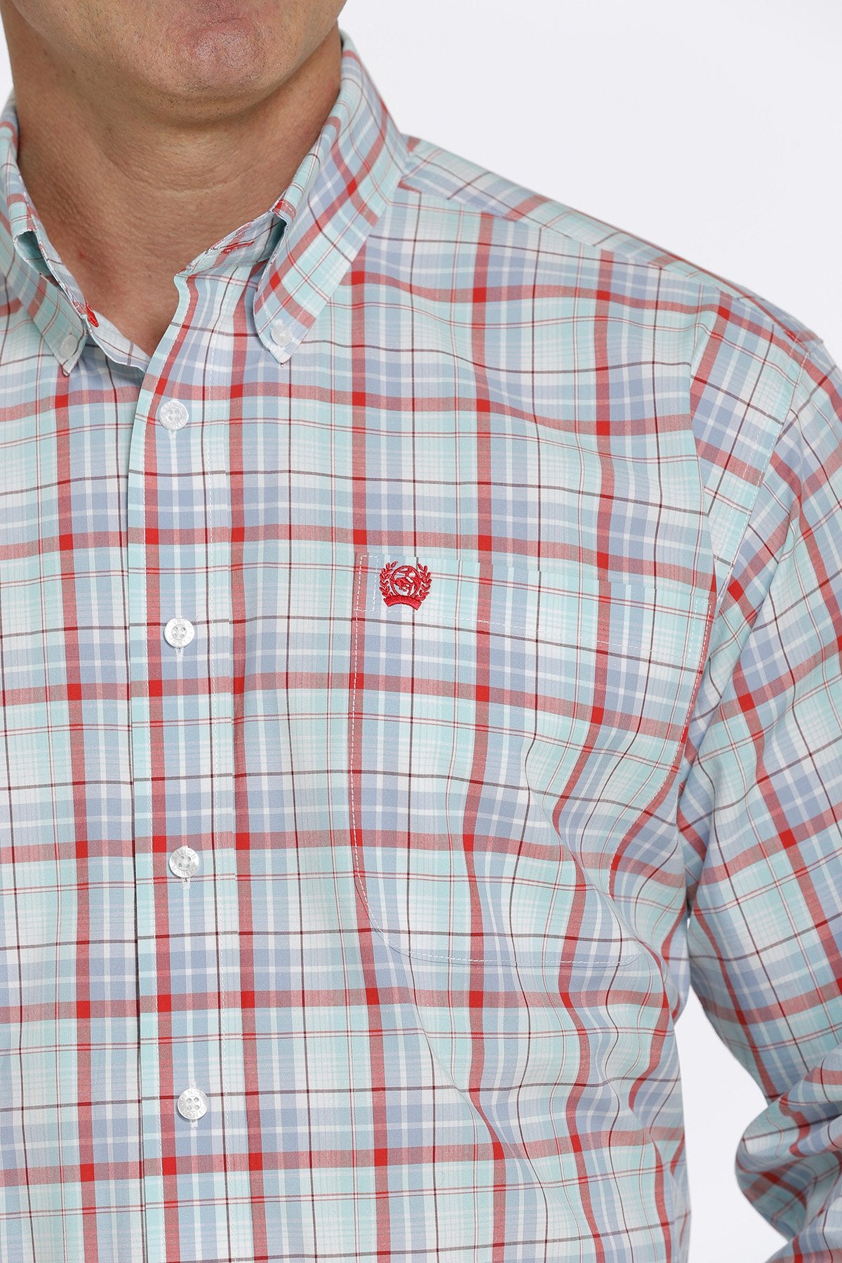 Cinch Mens Plaid Button Down Western Shirt - Aqua/Red/White - MTW1105432
