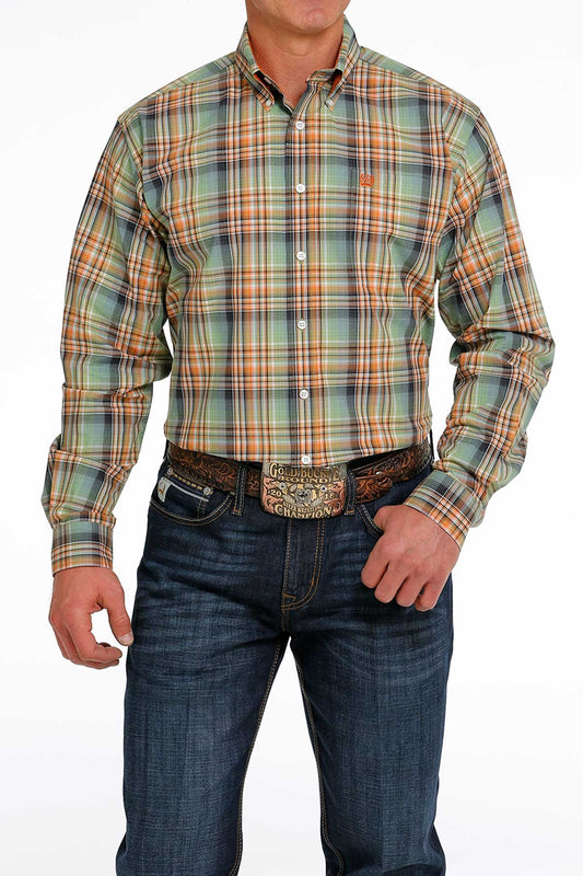 Cinch Mens Plaid Buttoned Down Western L/S Shirt - Green/Orange - MTW1105476 - On Sale