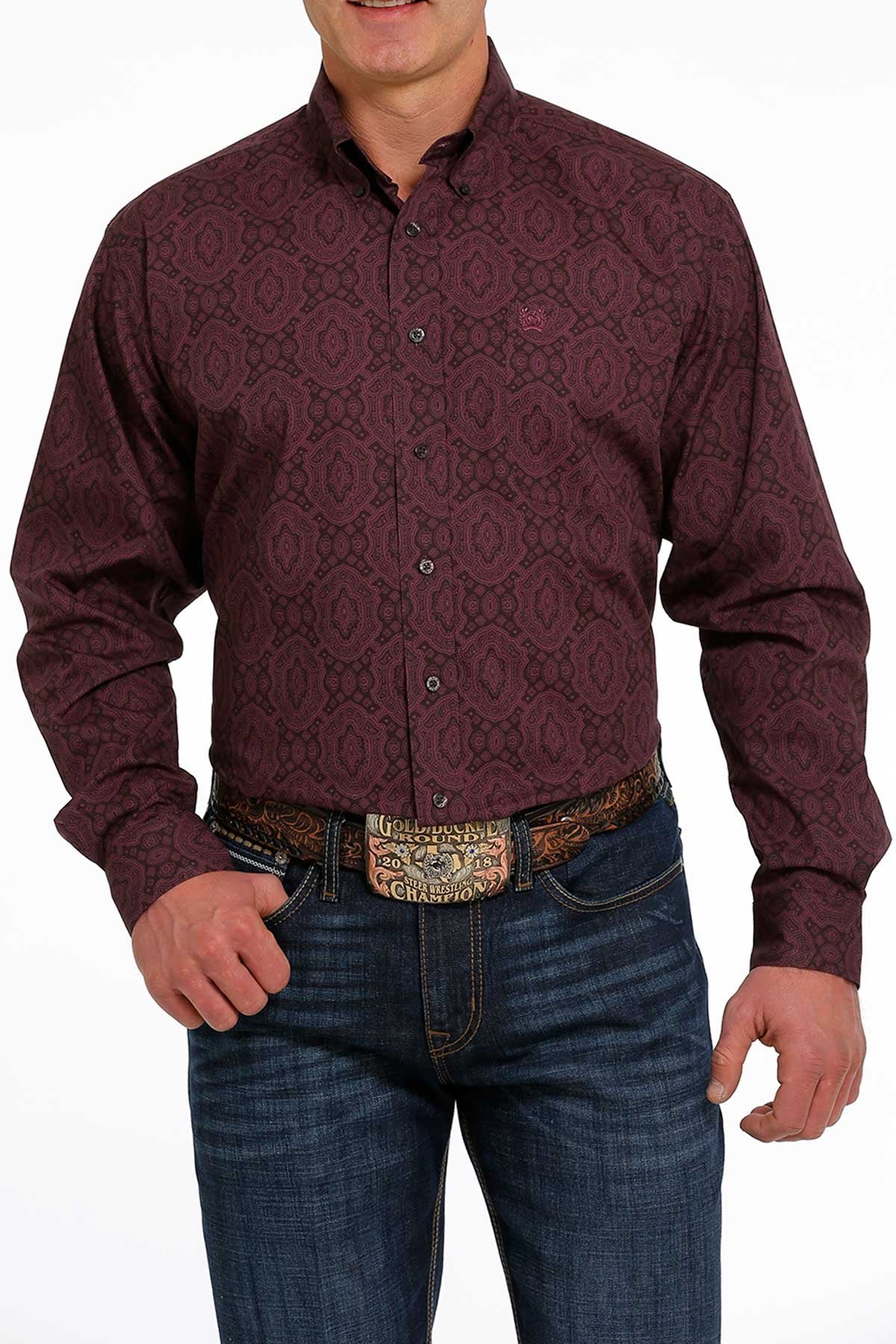 Cinch Mens Paisley Print Button Down Western L/S Shirt - Brown/Purple - MTW1105485 - On Sale