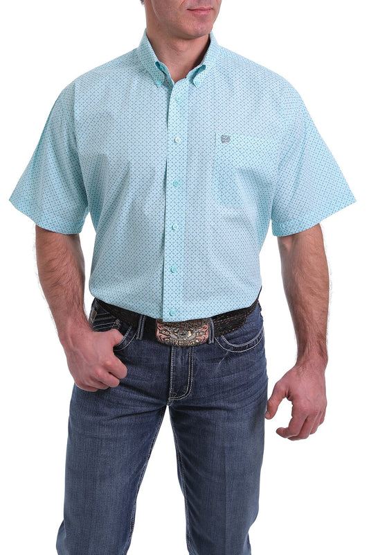 Cinch Mens Short Sleeved Light Blue and White Geometric Print Shirt