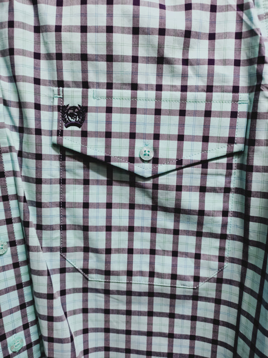 Cinch Mens Short Sleeved Button Down Shirt - Light green, black and blue plaid