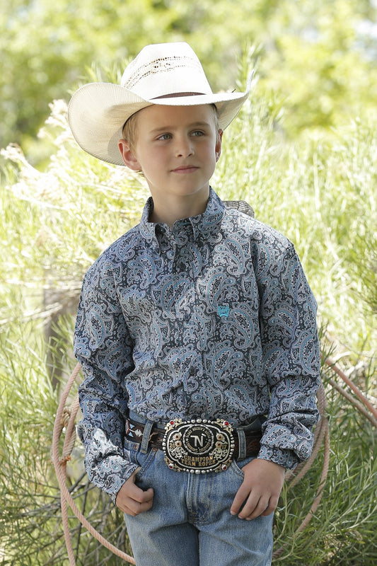 Cinch Boys Grey and Turquoise Medallion Paisley Print Button-Down Western Shirt