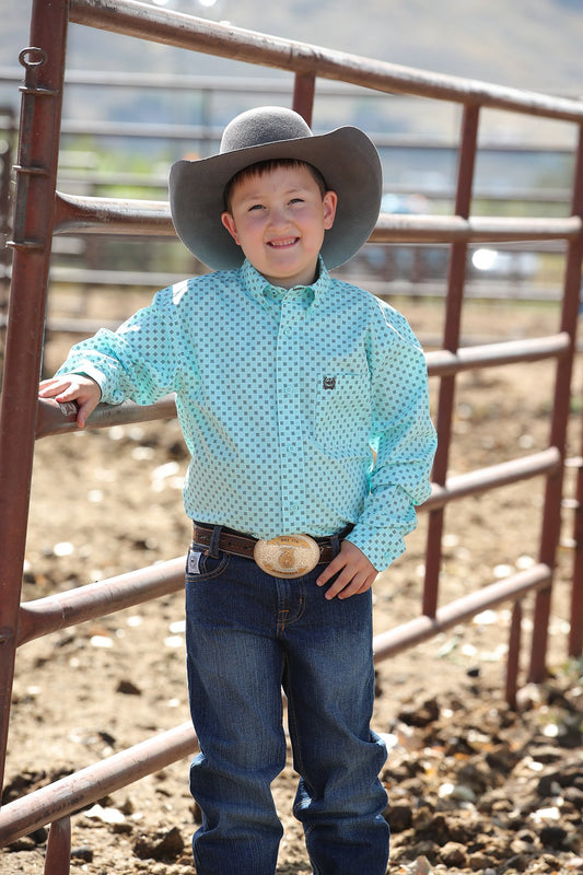 Cinch Boys Square Print Button Down Western Shirt - Aqua/Brown - MTW7060290