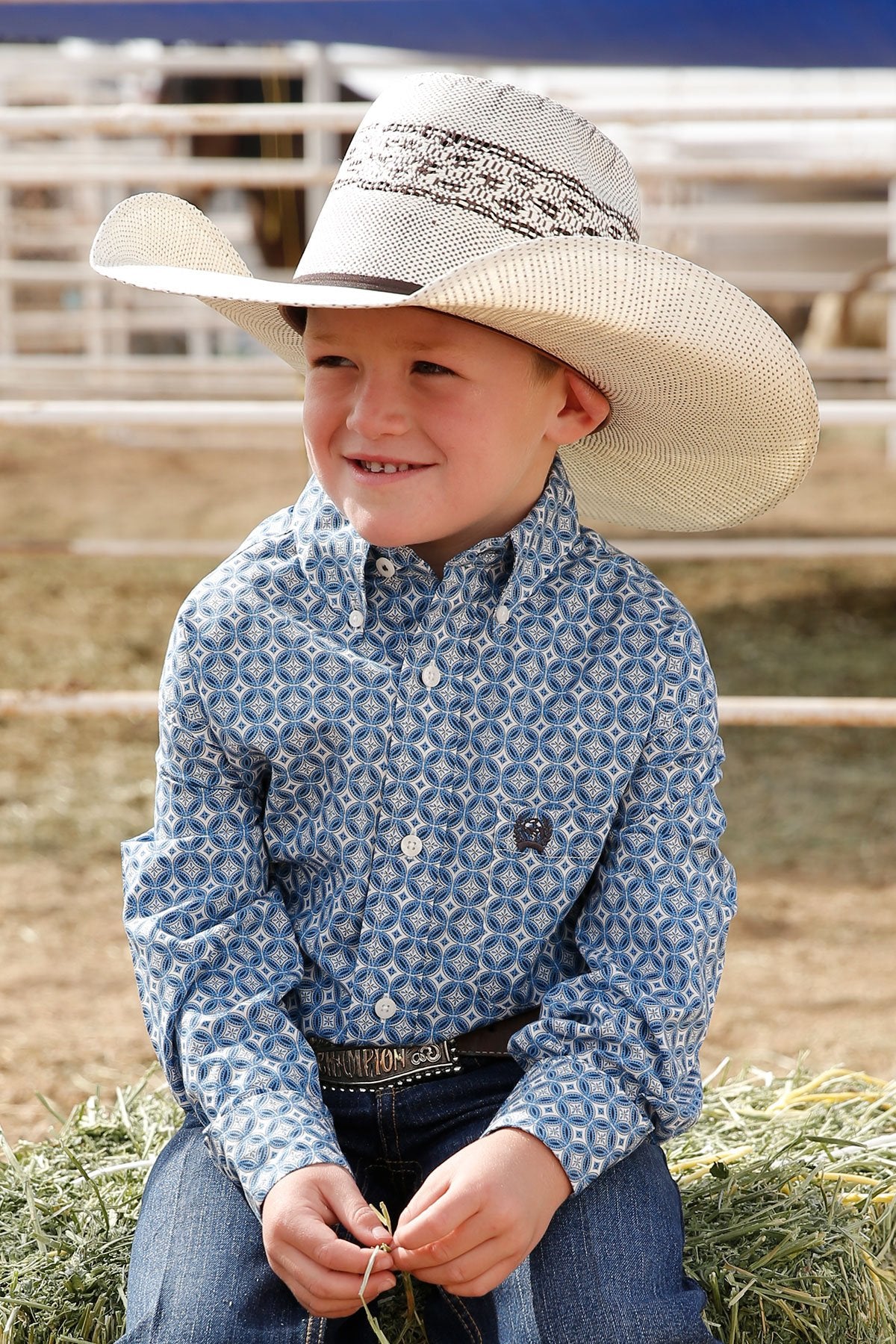 Cinch Boys Medallion Print Button Down Western Shirt - Blue/Cream - MTW7060307