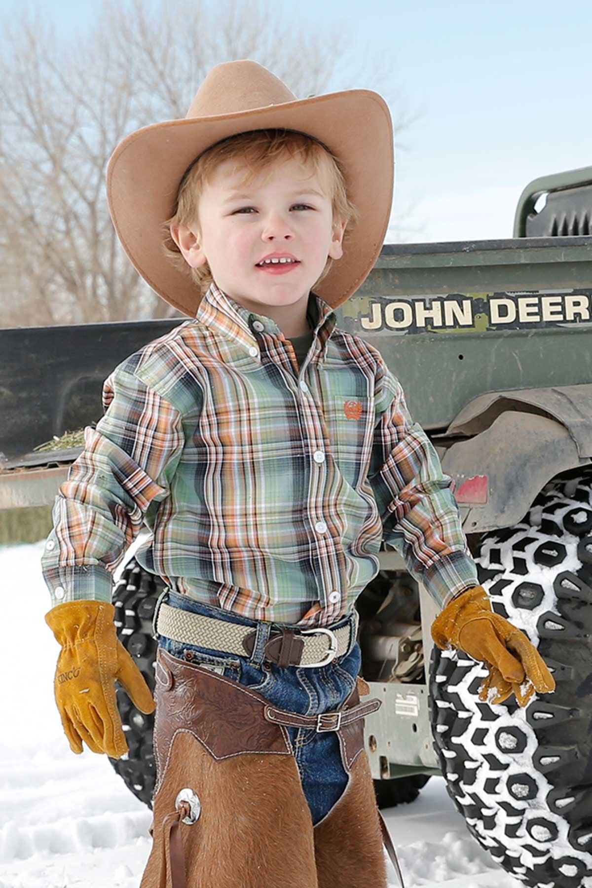 Cinch Boys Toddler Match Dad Medallion Button Down L/S Shirt - Green/Orange